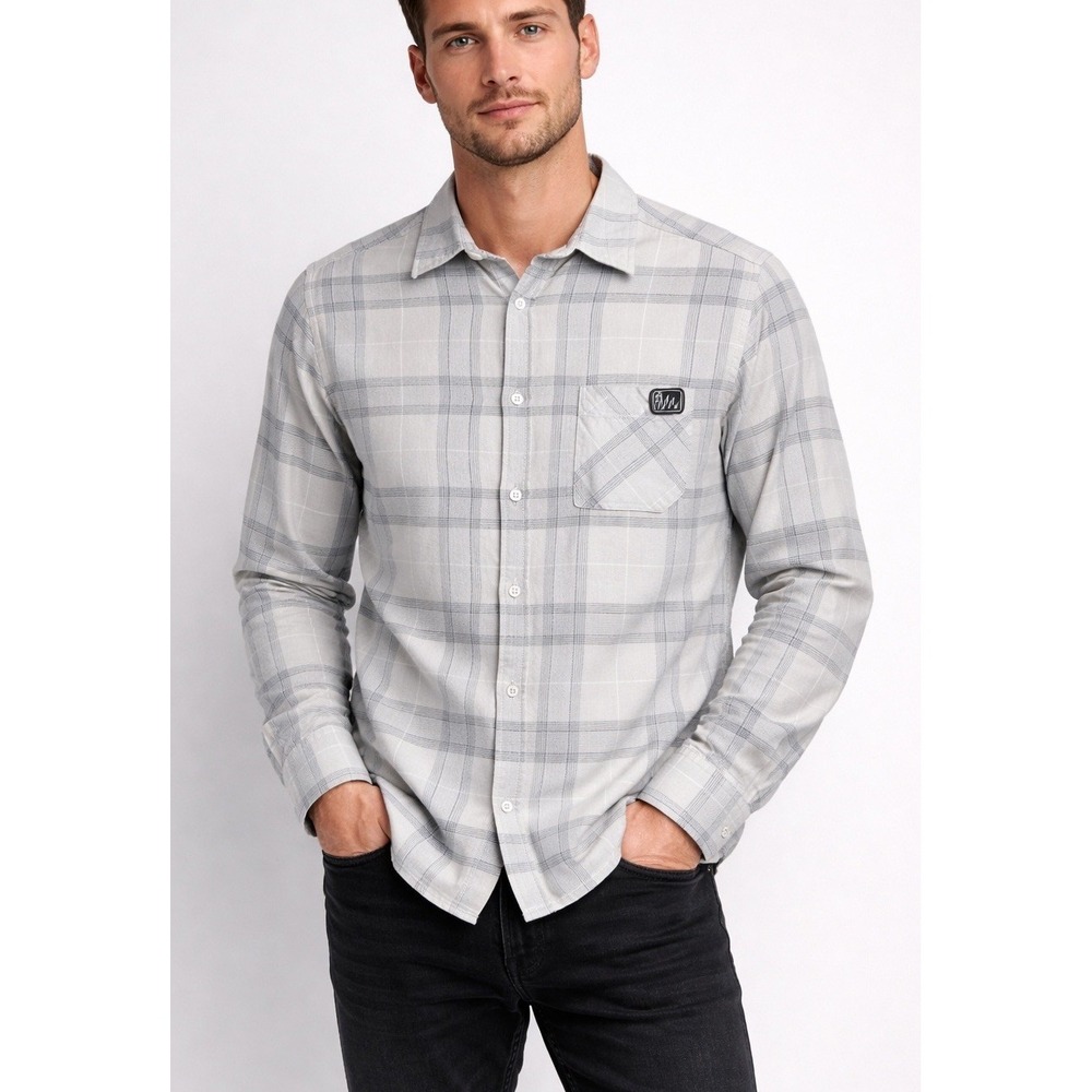 Fintech Plaid Button Down Shirt Mens Size‎ Medium Grey Excellent Long Sleeve